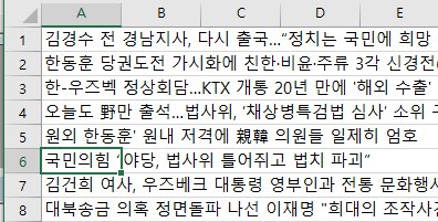 뉴스 제목 수집 엑셀 자동 입력 매크로 실행 결과 화면입니다.
